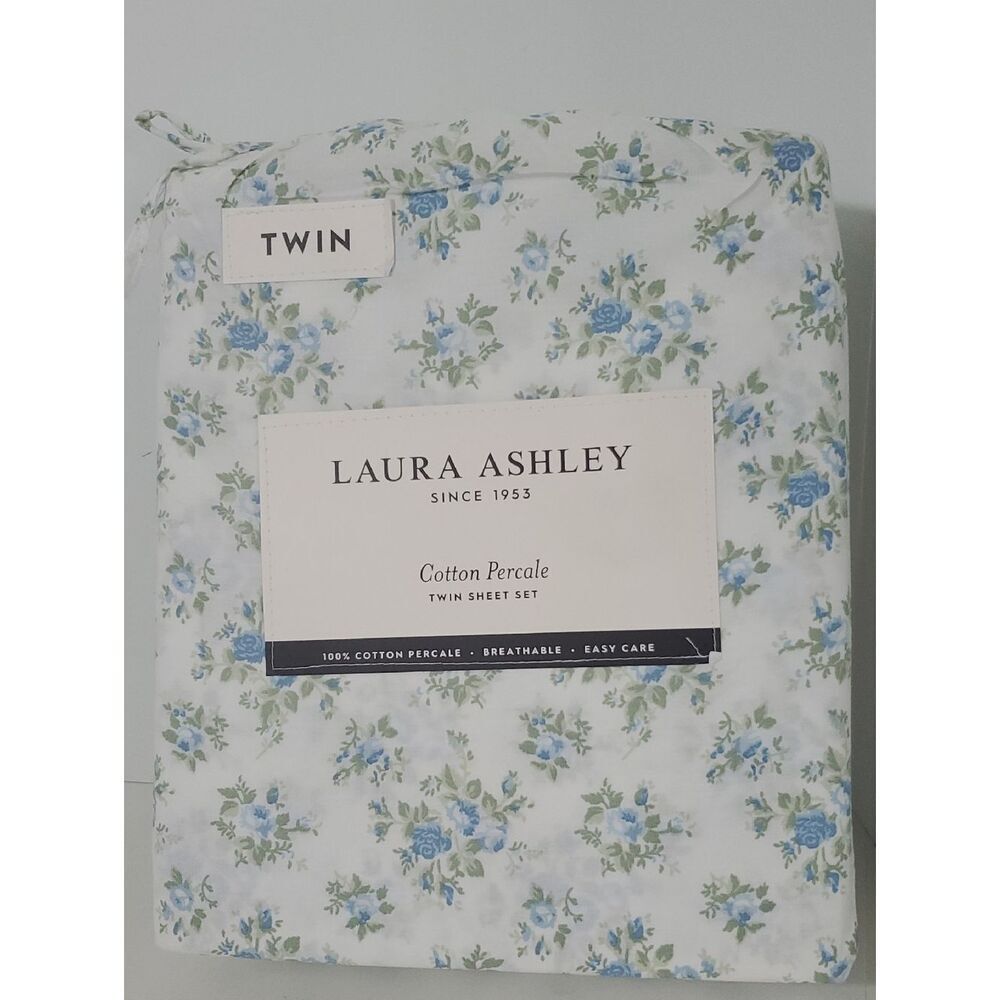 Laura Ashley Twin 100% Cotton Percale Blue Floral Sheet Set NIP